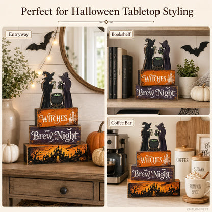 Rustic Witch Hat Table Decorations - Artificial Wood Layered Tray Centerpiece
