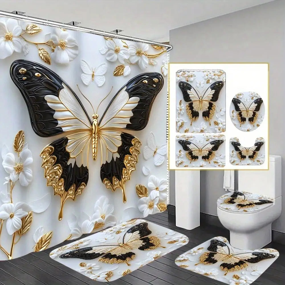 Waterproof Shower Curtain Set, Non-Slip Floor Mats, Commode Cover