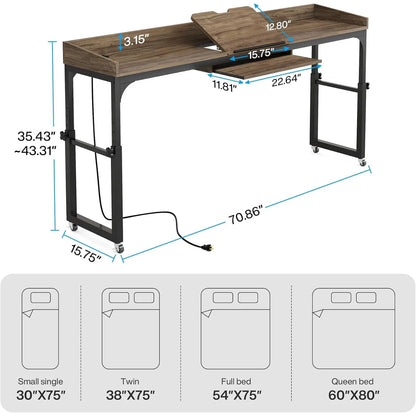 Adjustable Overbed Table with Wheels, Queen Size Over Bed Desk