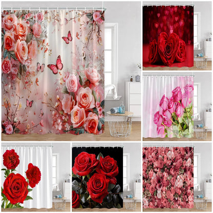 Red Roses Floral Shower Curtain, Romantic Flower
