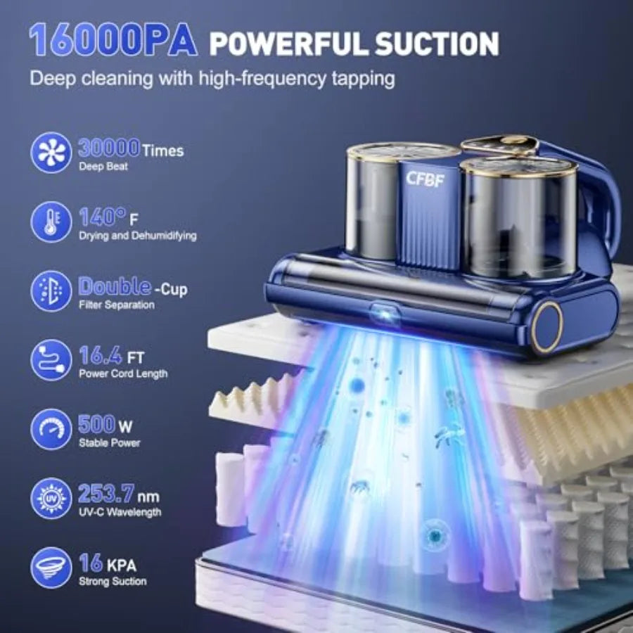 Mattress Vacuum Cleaner w/16Kpa Suction 253.7nm UV-C Light