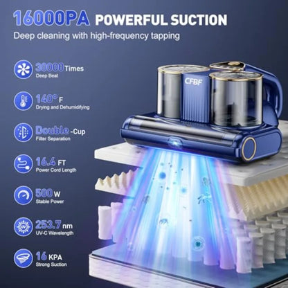 Mattress Vacuum Cleaner w/16Kpa Suction 253.7nm UV-C Light