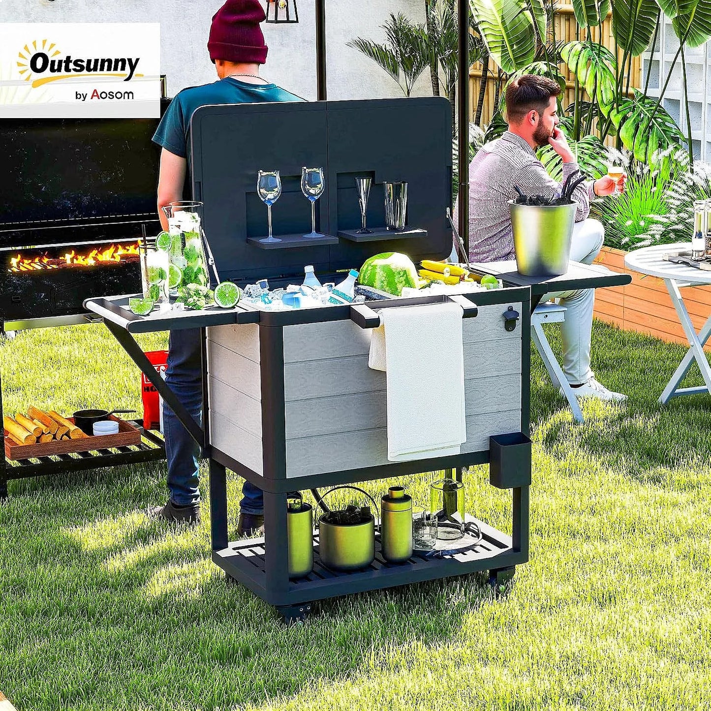 104qt Rolling Patio Ice Chest with Bottle Opener & Shelves