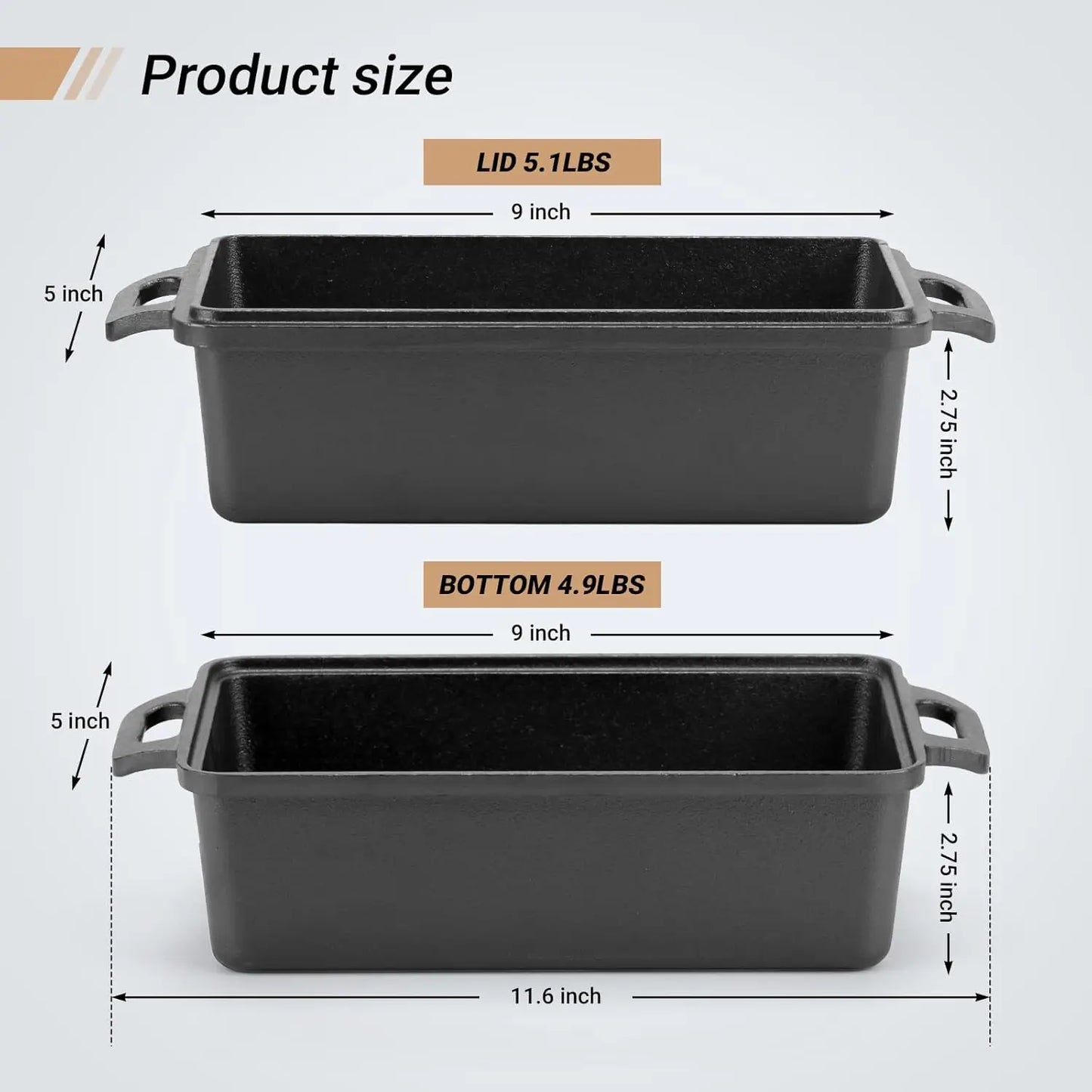 2pc - 9"x5" Cast Iron Loaf Pan with Lid for Even Baking