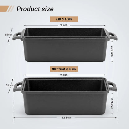 2pc - 9"x5" Cast Iron Loaf Pan with Lid for Even Baking