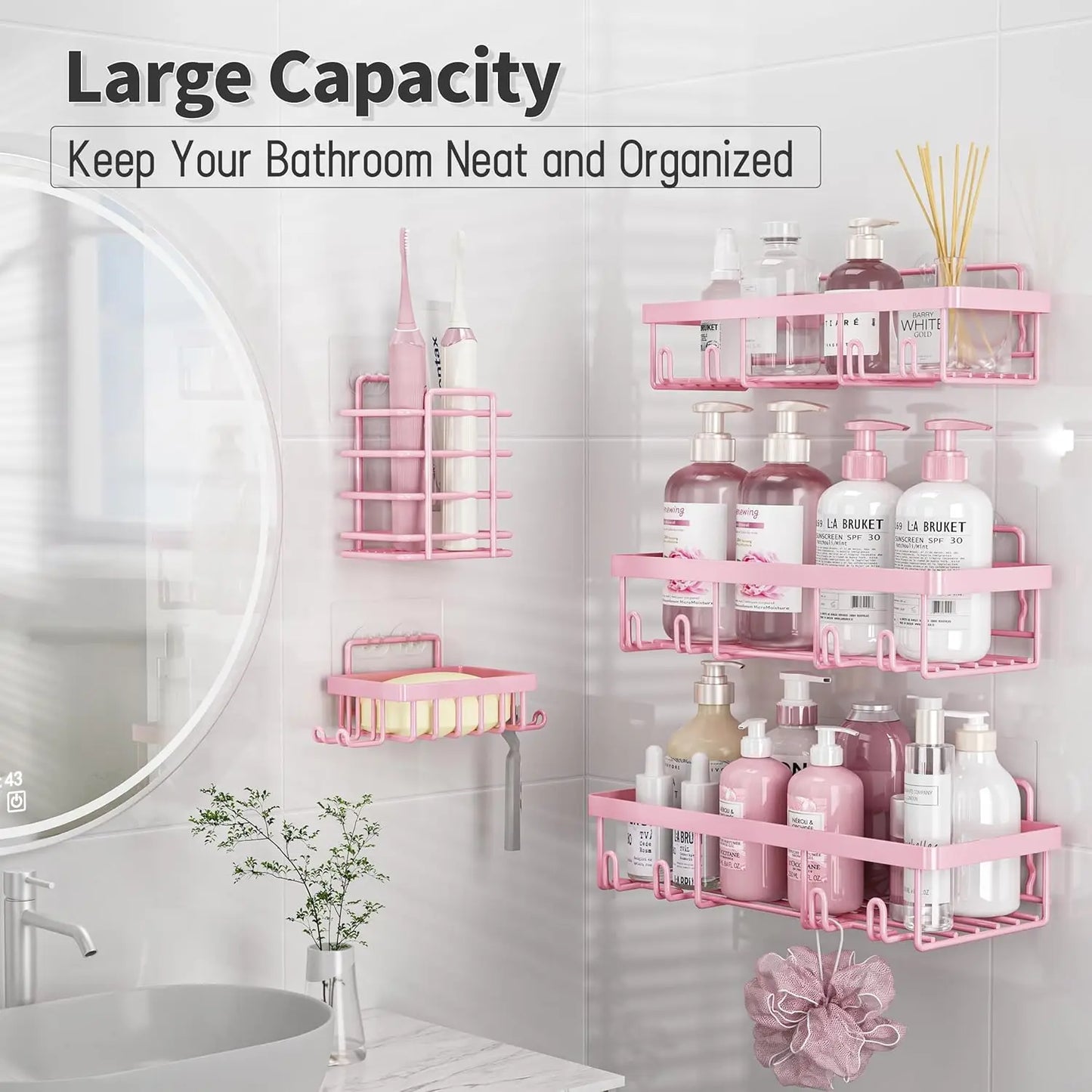 5pk Stainless Pink Shower Caddy Organizer, Adhesive, No Drill