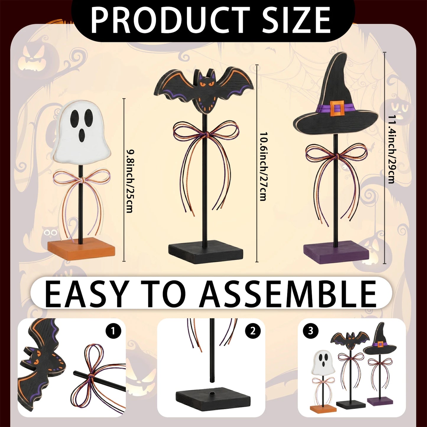 Halloween 3pc Assorted Ornaments Set, Wooden Tabletop, Witch Hat, Ghost, Bat with Ribbon
