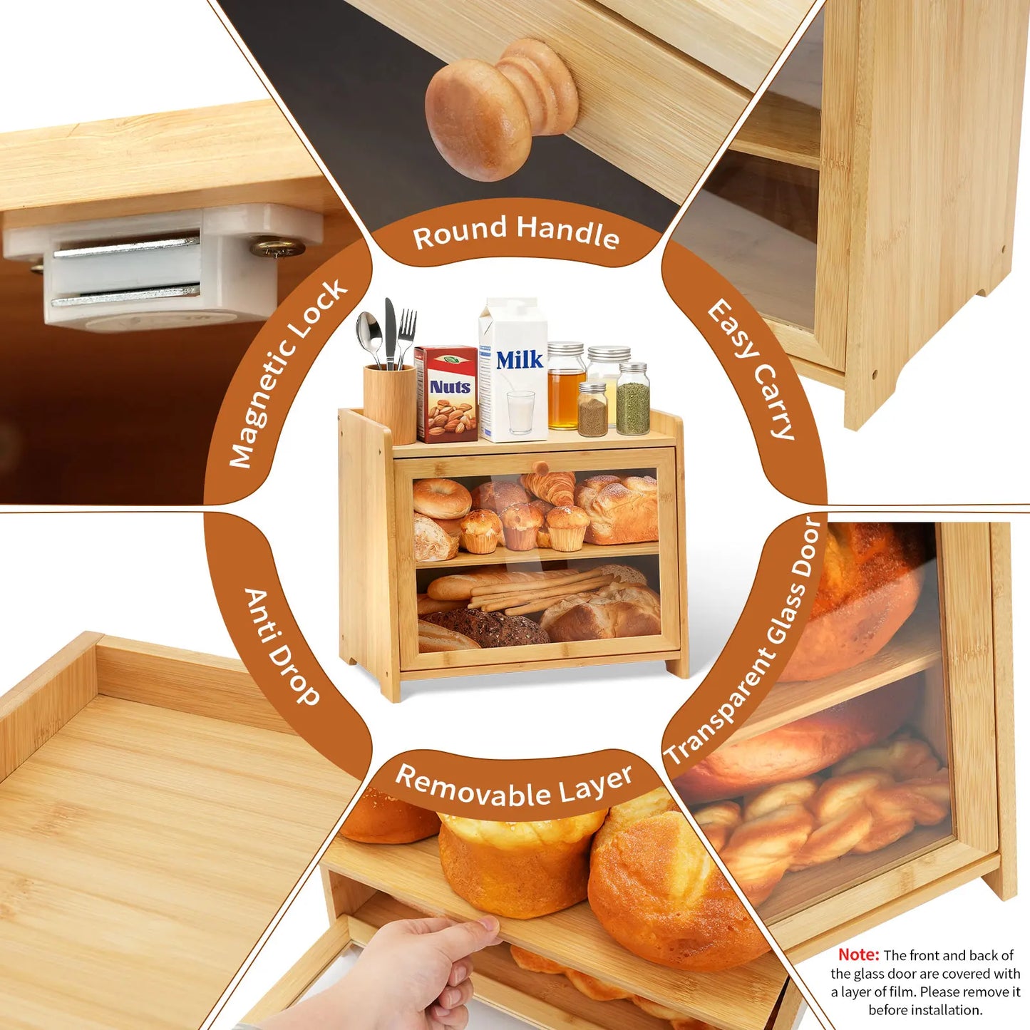 Bamboo Bread Box for Kitchen Countertop (Natural), Double Layer with Window