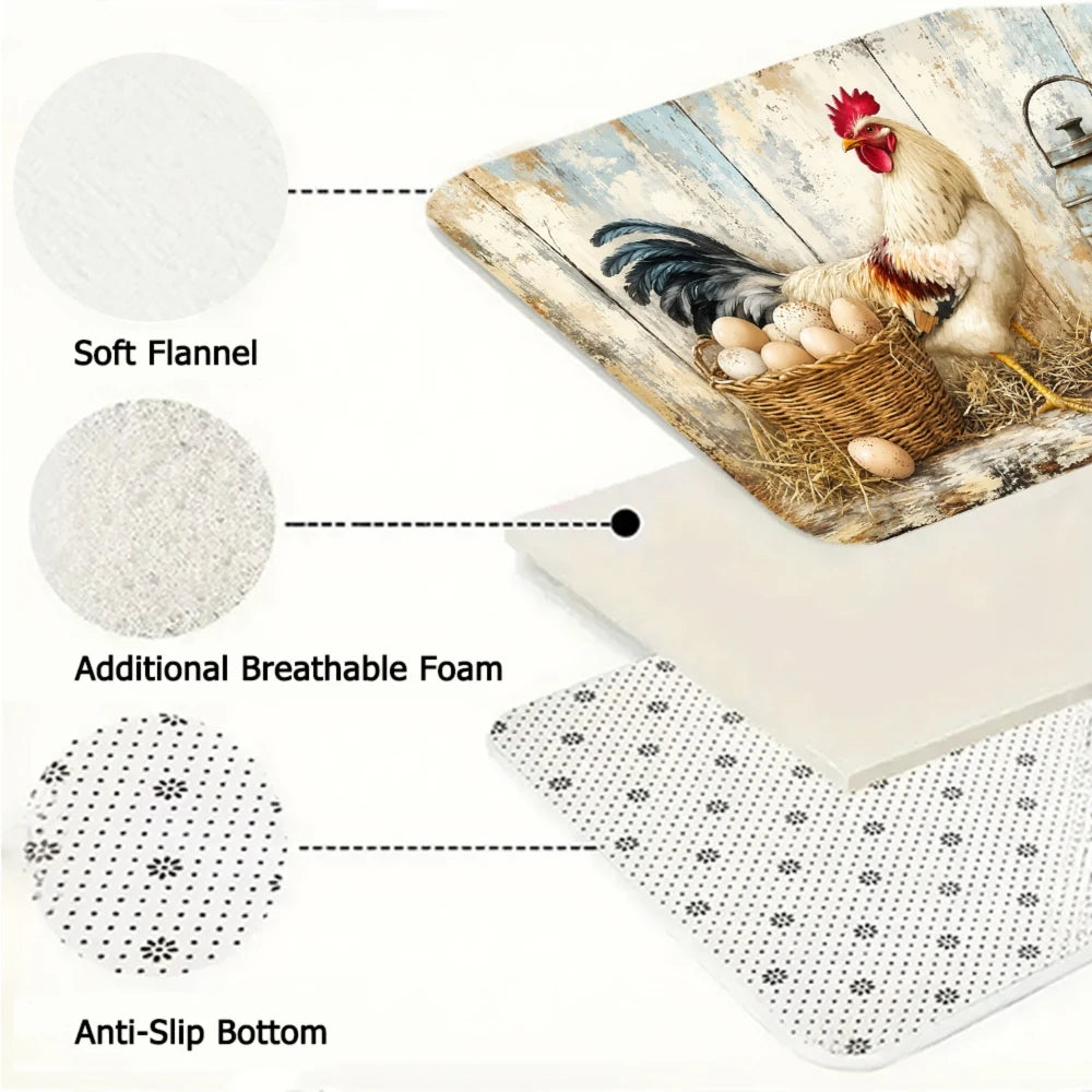 3pc Rustic Farmhouse Kitchen Rugs, Rooster, Chicken, Basket Pattern,
