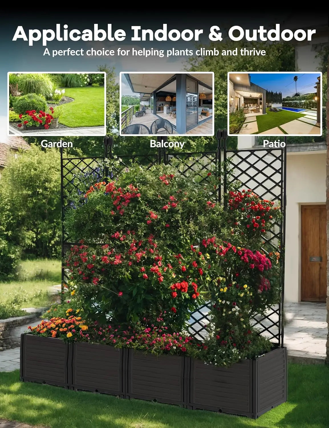 Raised Garden Plant Box with Metal Trellis,