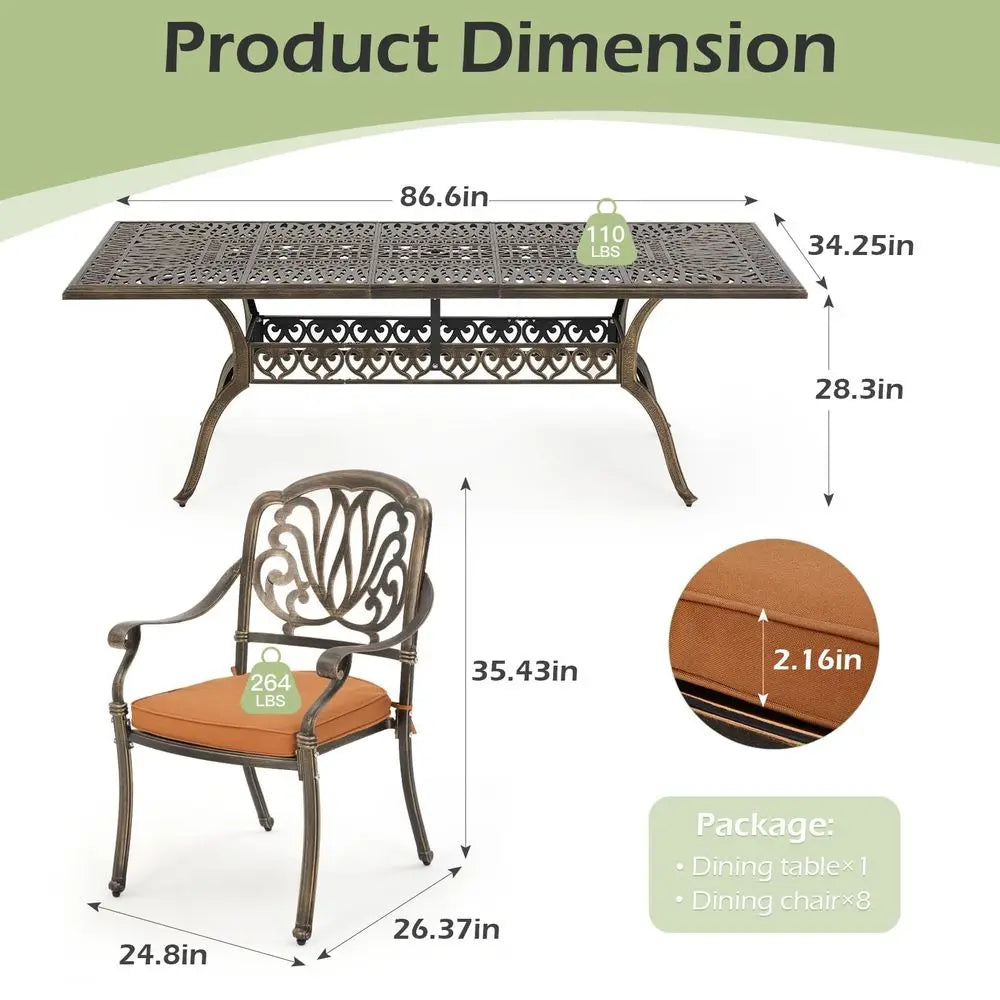 9pc Aluminum Patio Furniture Set, 86.6" Rectangular Table and Cushions