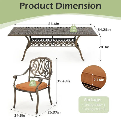 9pc Aluminum Patio Furniture Set, 86.6" Rectangular Table and Cushions