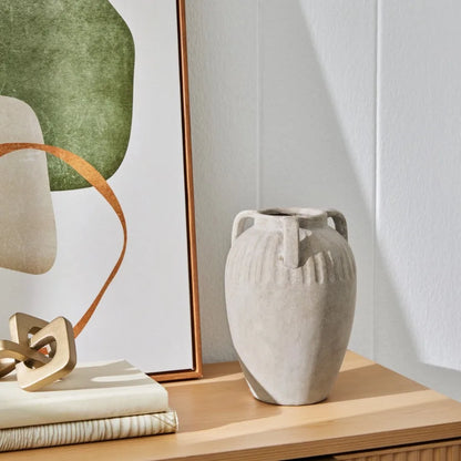Three Handled Ceramic Vase 10" Ivory