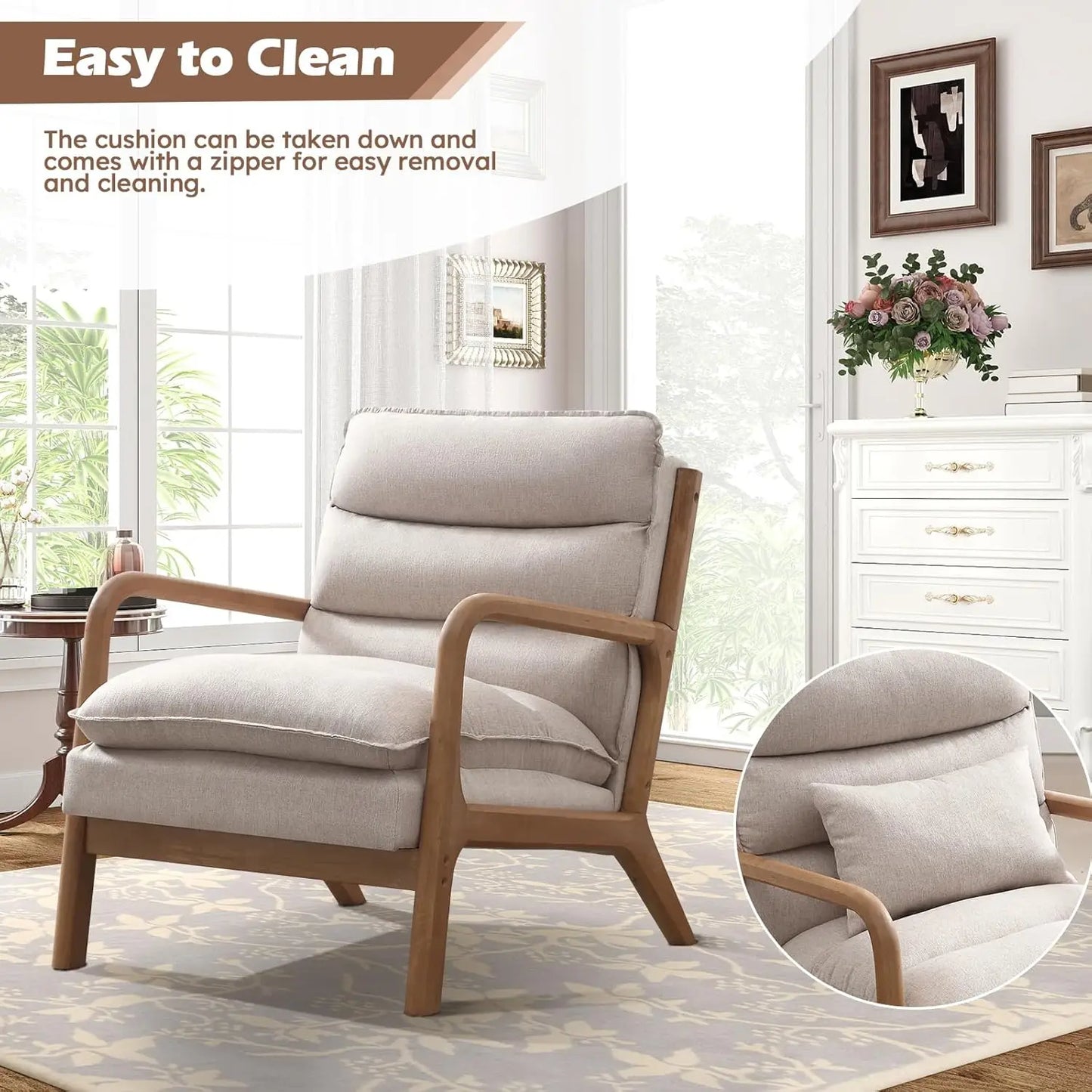 Mid Century Upholstered Lounge Armchair w/Plump Back Pillow