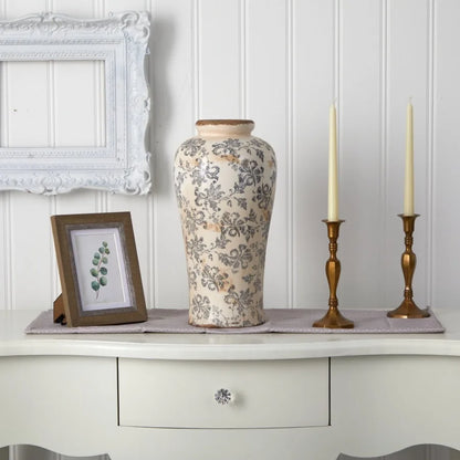 16in. Tuscan Ceramic Floral Scroll Urn Vase