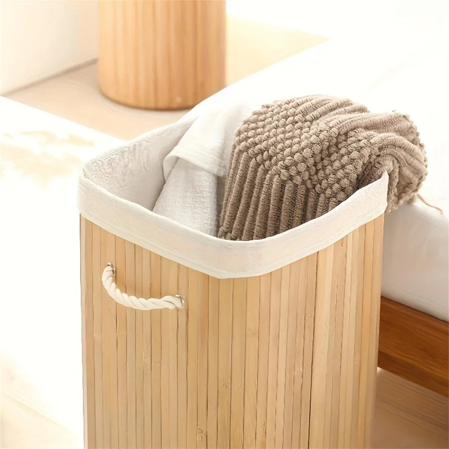 Large Bamboo Foldable Laundry, Storage Basket w/Lid