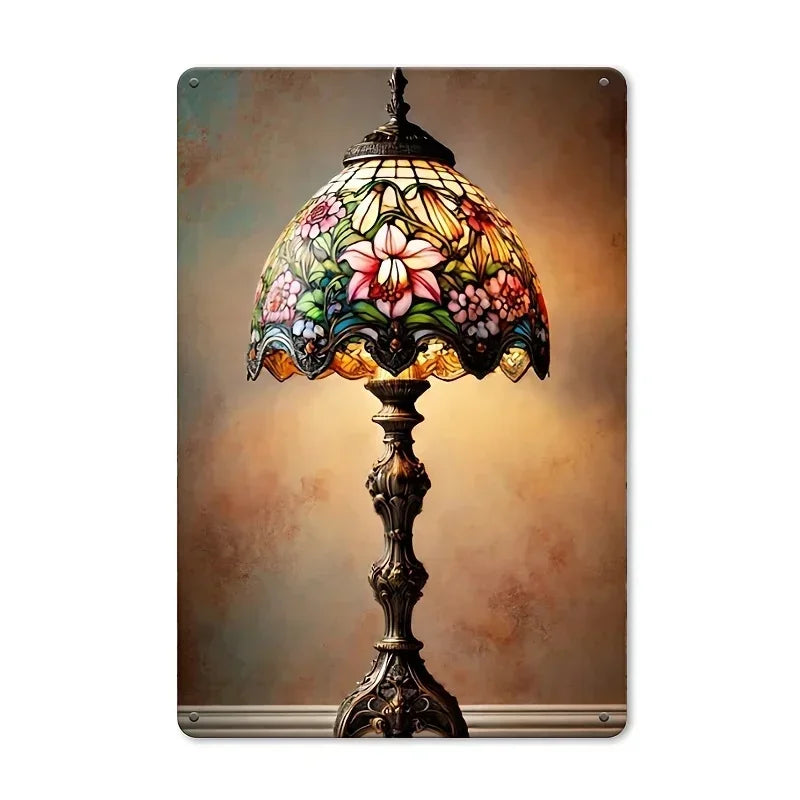 Elegant Floral Glass Table Lamp, Metal Sign Warm Beige