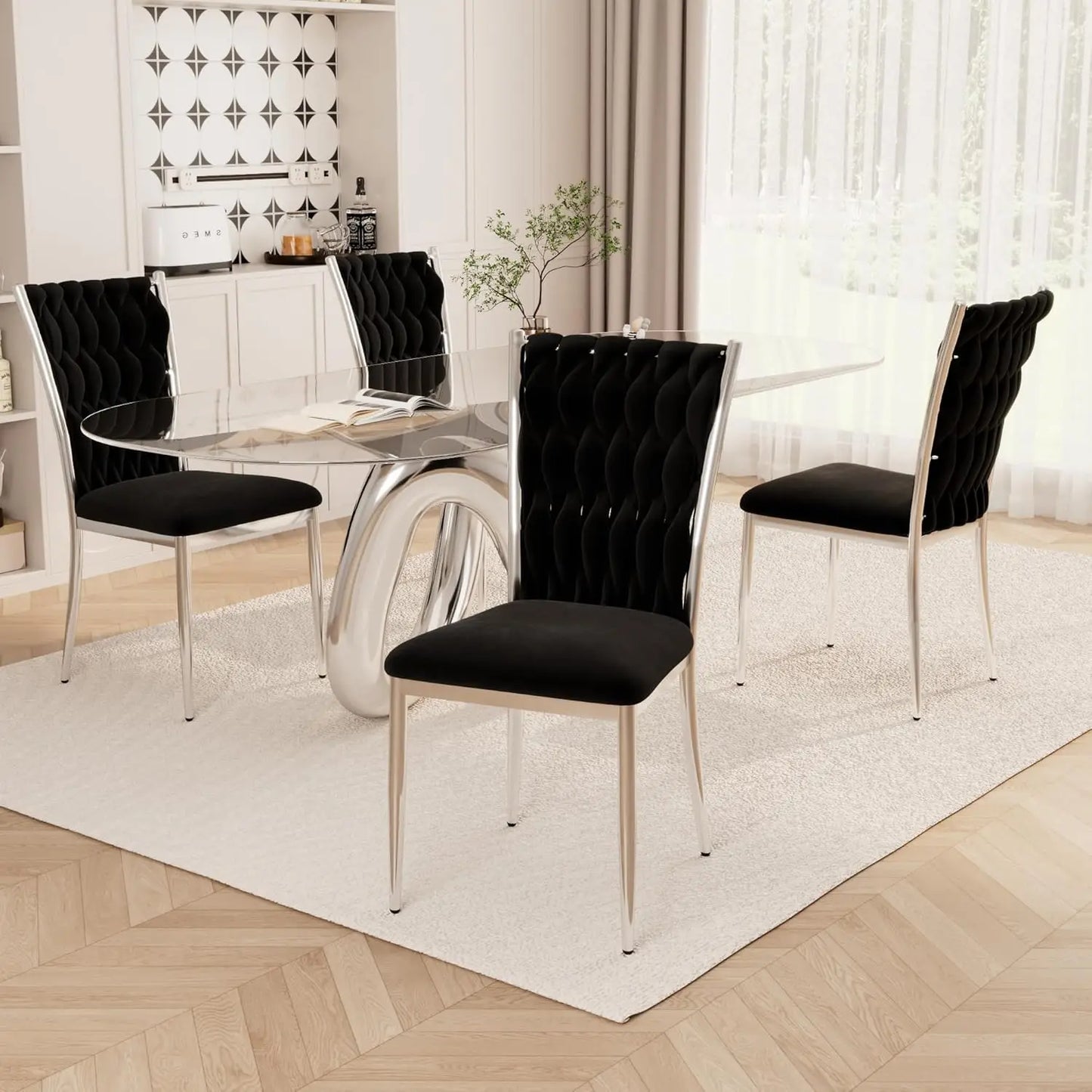 Set (4) Modern Velvet Upholstered Dining Chairs w/Gold Metal Legs