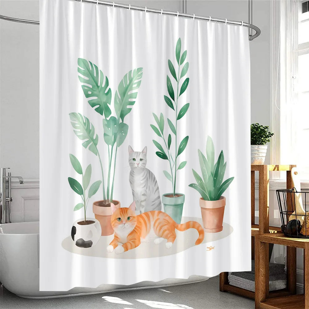 Cute Greenery Print Shower Curtain with Hooks