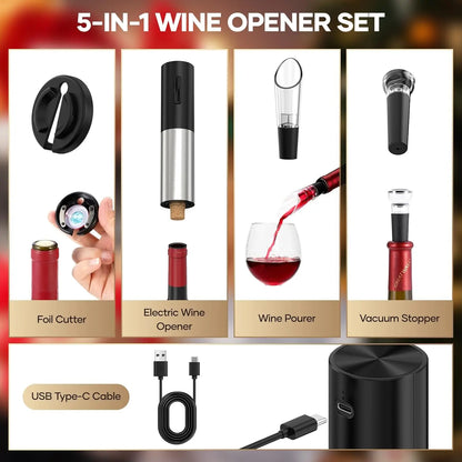 Electric Wine Opener Set w/Foil Cutter, Aerator, Pourer & Vacuum Stopper