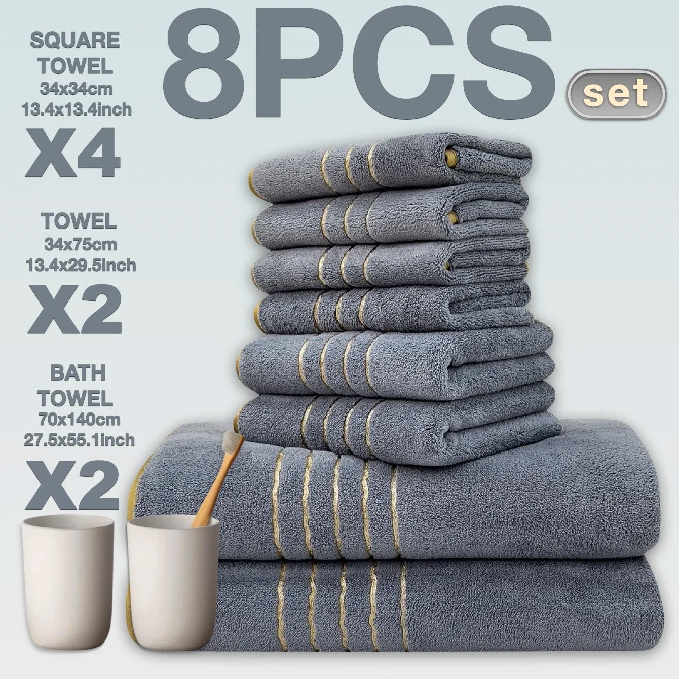 2/3/6/8 Pcs Bath Towel Set White & Gray with Gold Accents