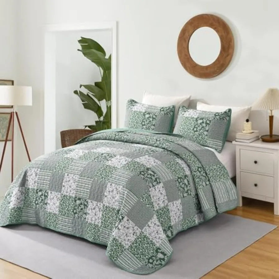 3pc Plaid Floral Bedspread Set Patchwork Reversible Bedding