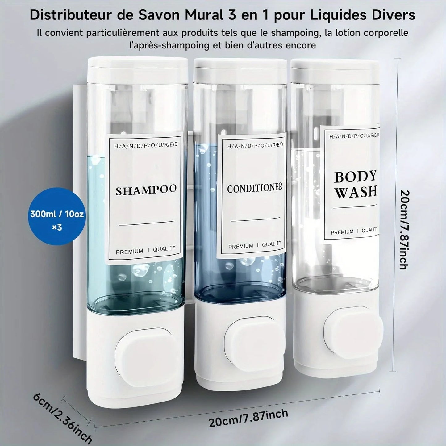 Wall-Mounted 3-in-1 Shampoo, Conditioner, Soap Dispenser, No Drilling
