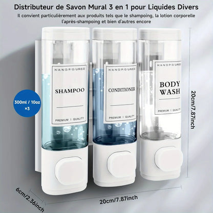 Wall-Mounted 3-in-1 Shampoo, Conditioner, Soap Dispenser, No Drilling