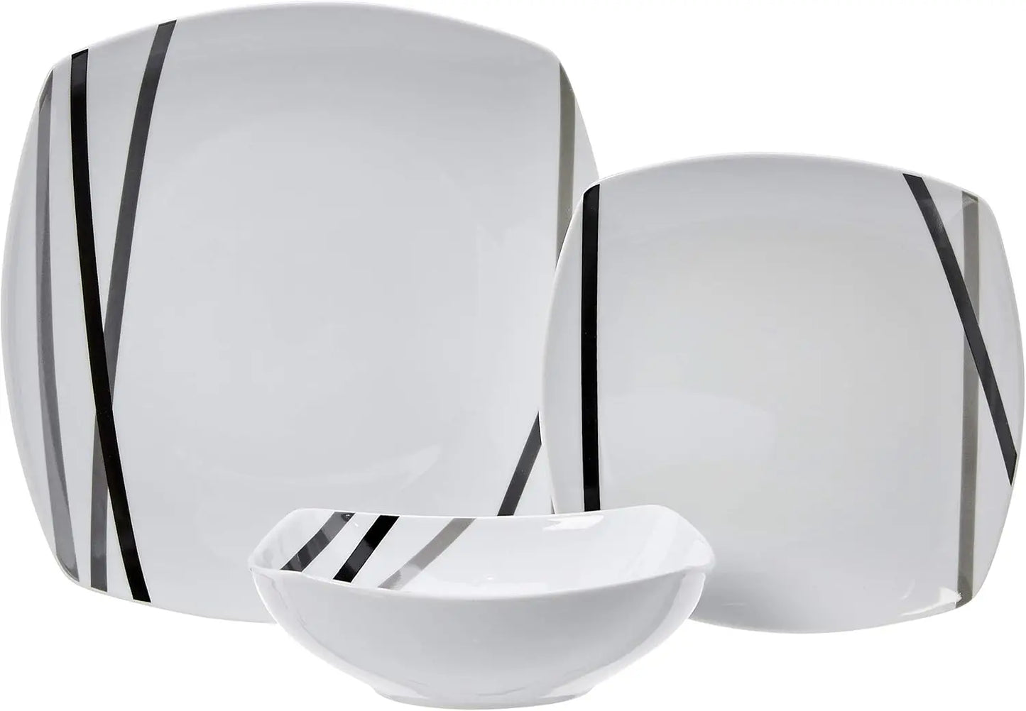 18pc Square Dinnerware Modern Beams Plates, Bowls, (6) Sets
