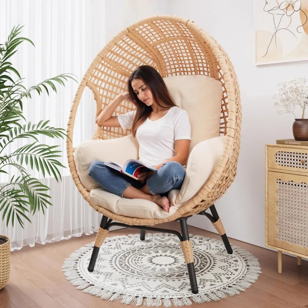2 Pcs Oversized Wicker Egg Chair w/Cushion, 500lbs Capacity