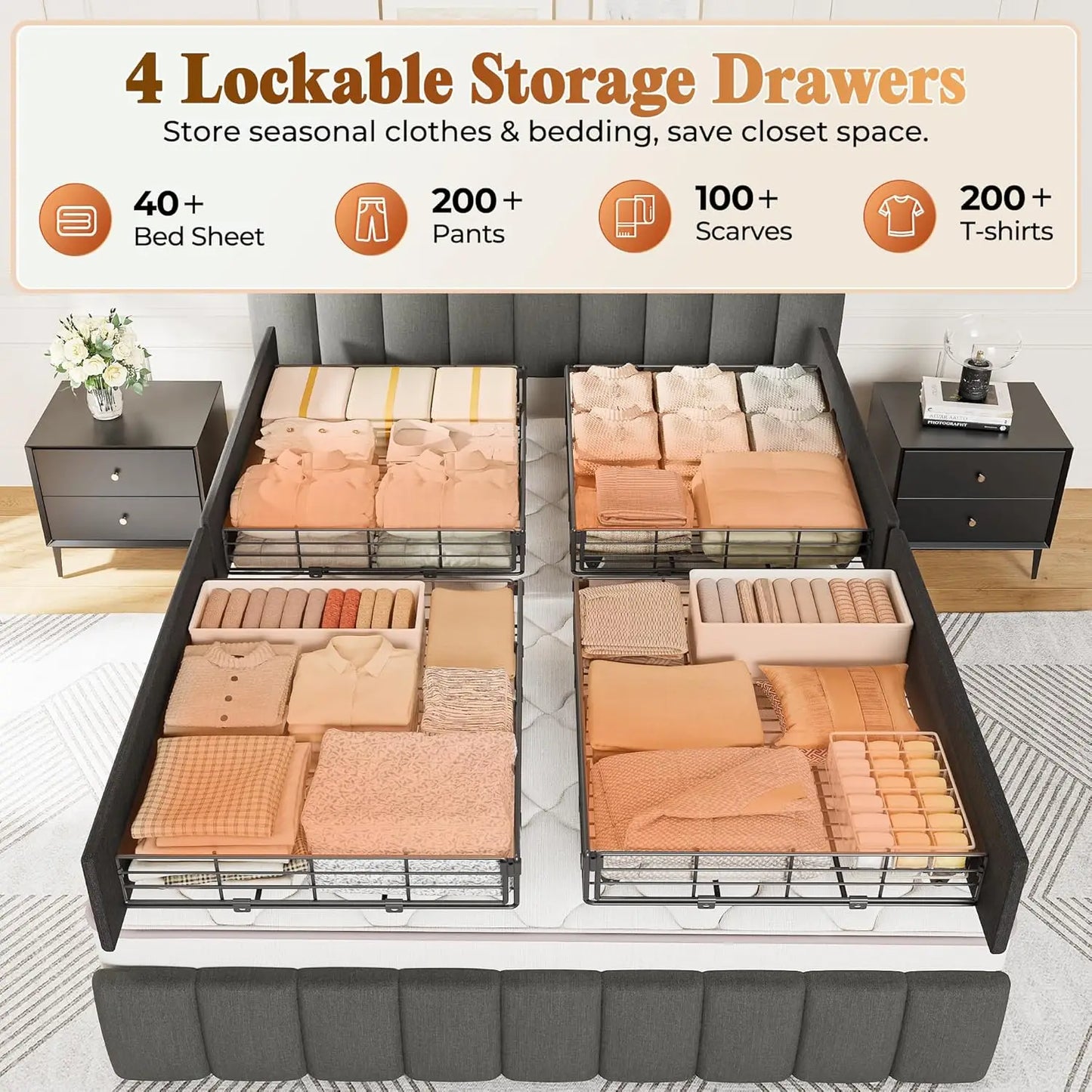 Queen Bed Frame, Upholstered Headboard, 4 Drawers, Charging Station,