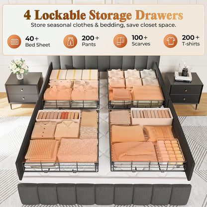 Queen Bed Frame, Upholstered Headboard, 4 Drawers, Charging Station,