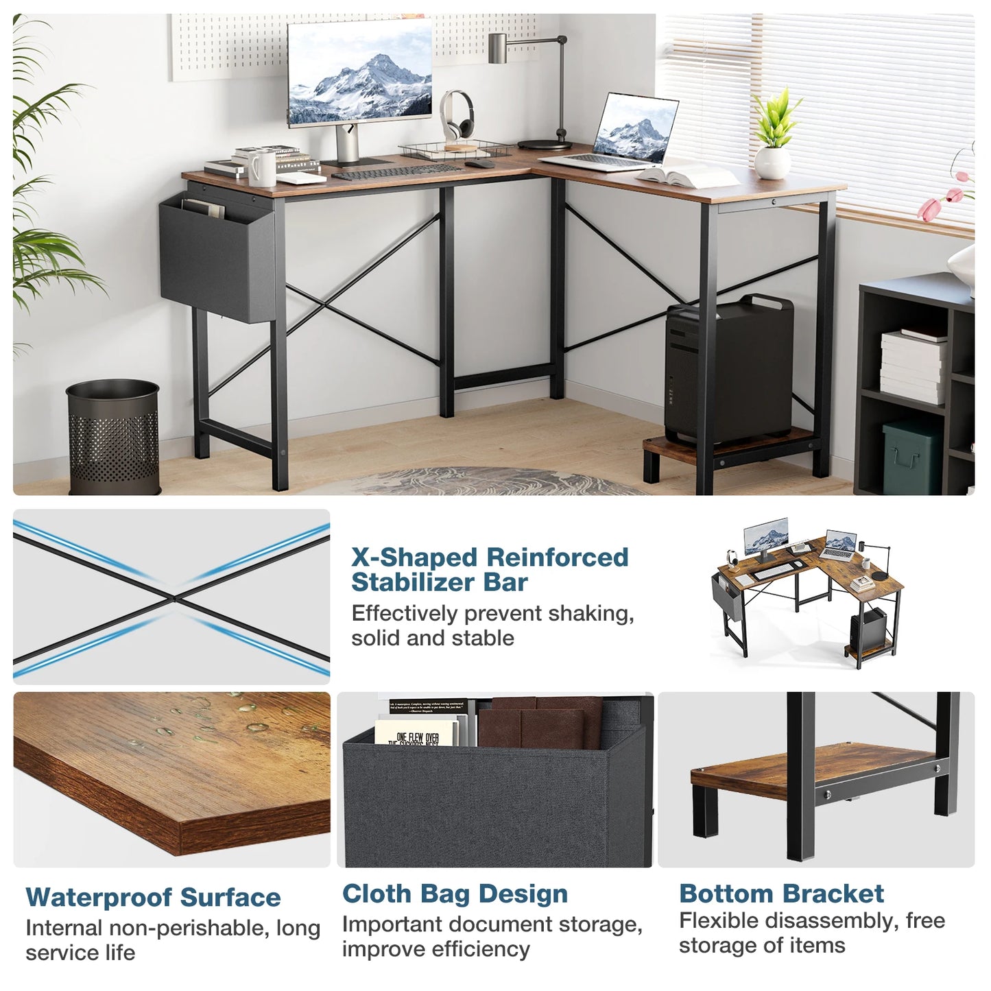 50" Corner Wooden Table with CPU Storage Shelf & Side Bag
