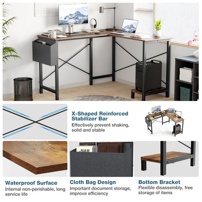 50" Corner Wooden Table with CPU Storage Shelf & Side Bag
