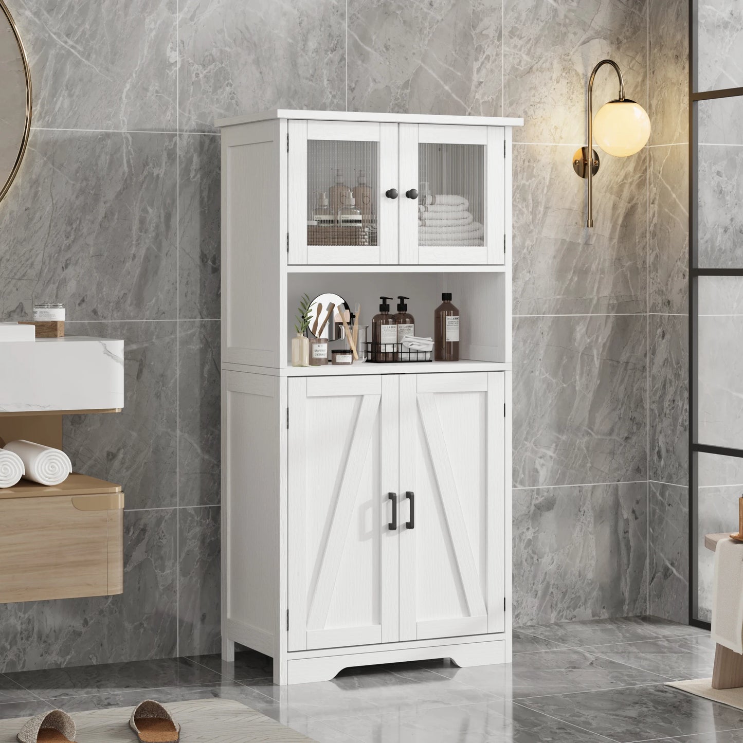 Free Standing Kitchen Pantry w/ 4 Doors, Tempered Glass
