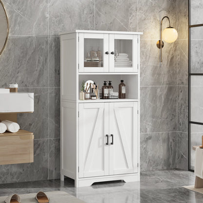 Free Standing Kitchen Pantry w/ 4 Doors, Tempered Glass