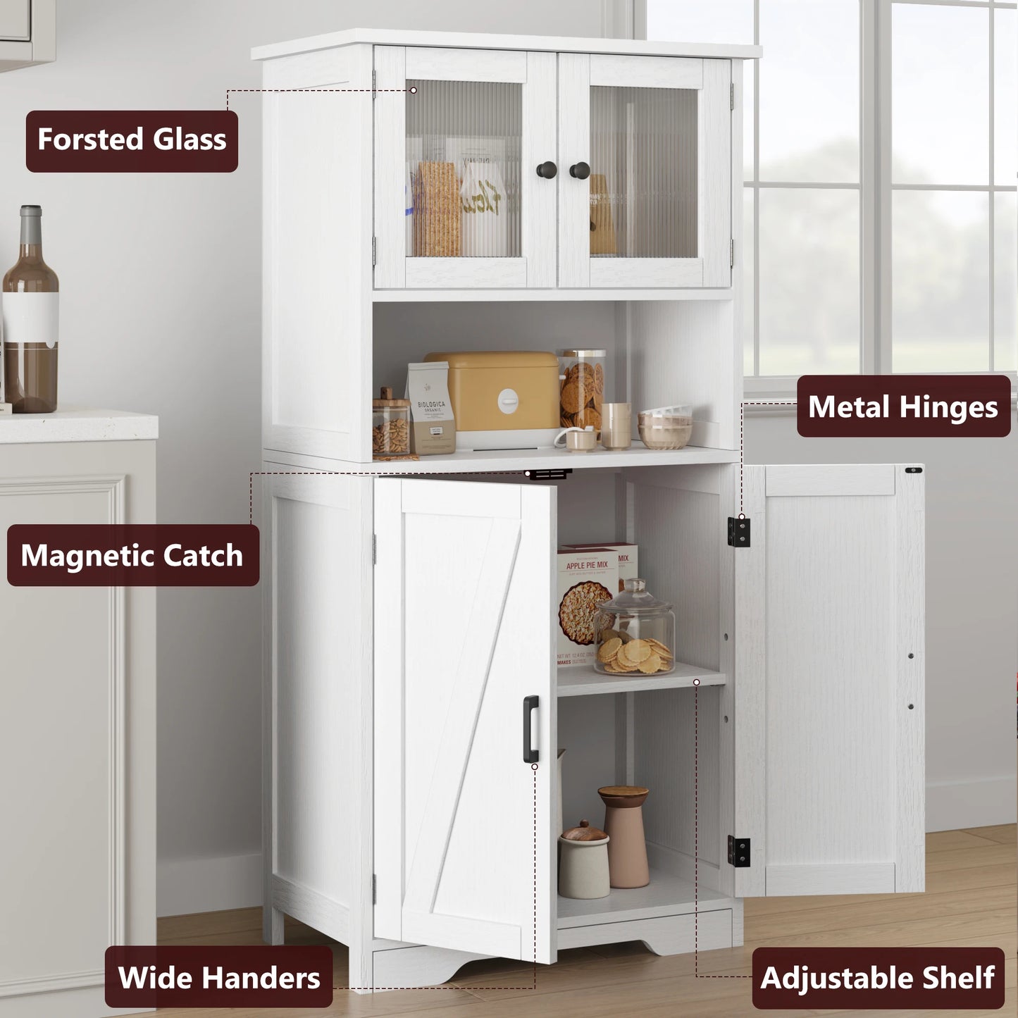 Free Standing Kitchen Pantry w/ 4 Doors, Tempered Glass