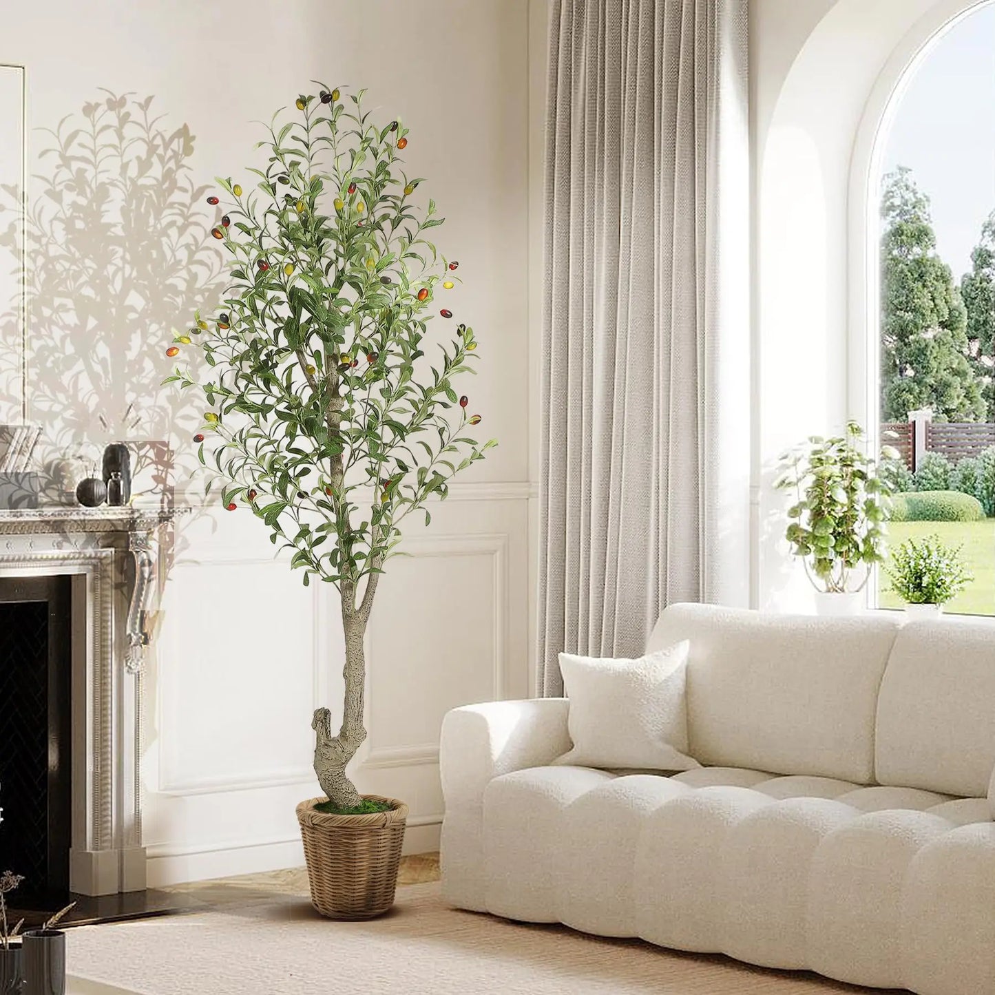 Artificial Olive Tree w/White Planter, Green Artificial Moss
