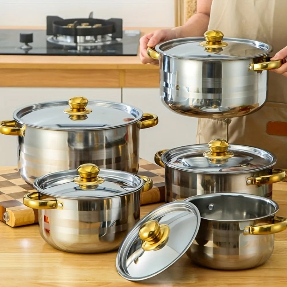 5pc Golden Stainless Steel Cookware Set - Durable, Multi-Purpose, Easy to Clean, Compatible with All Stoves, Non-Stick,