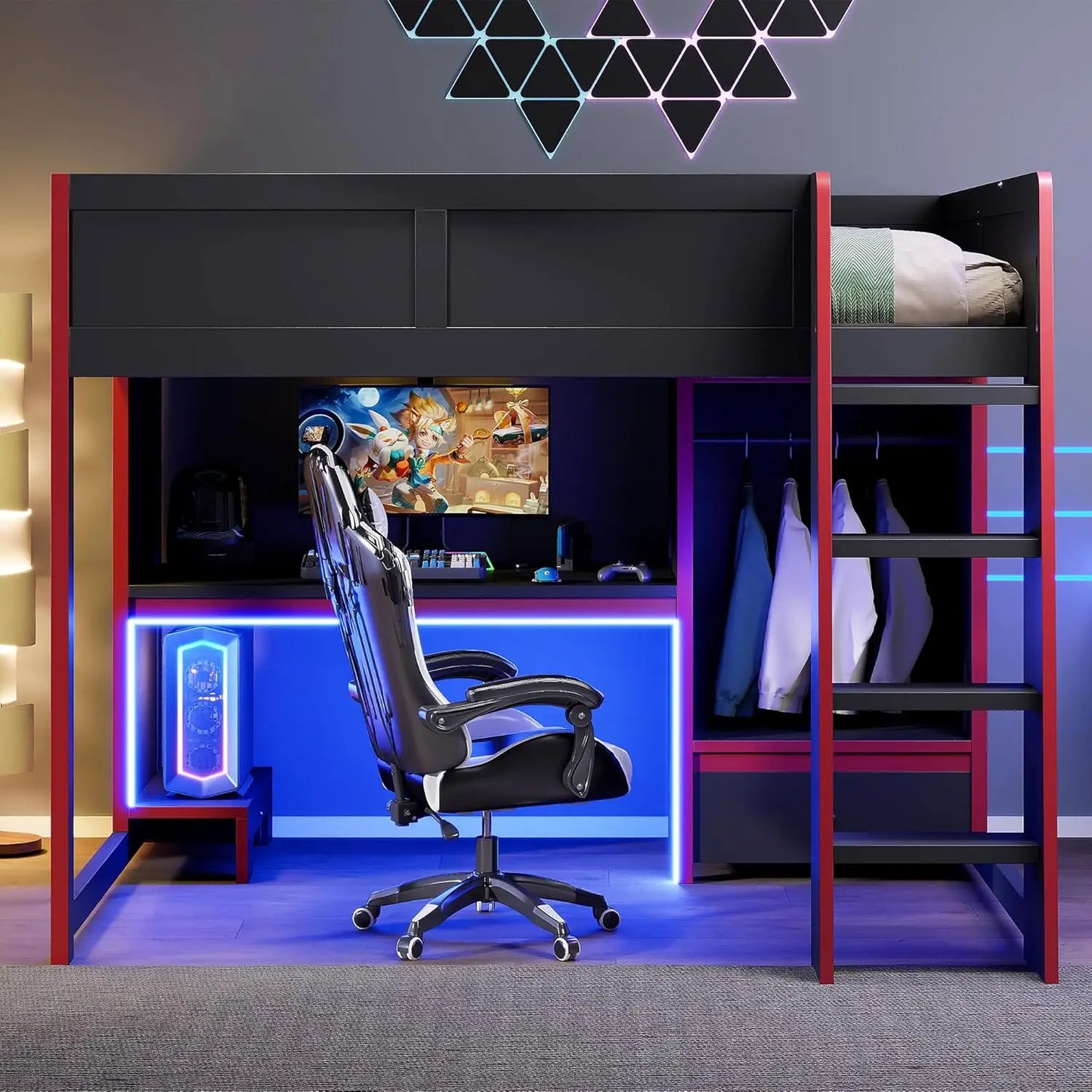 Full Wood Gaming Loft, Bed, Desk, Storage Shelves, LED, Charging