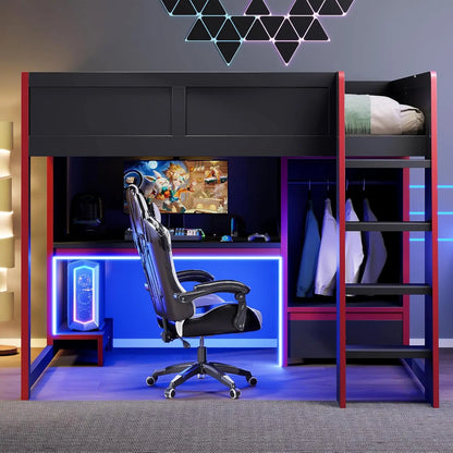 Full Wood Gaming Loft, Bed, Desk, Storage Shelves, LED, Charging