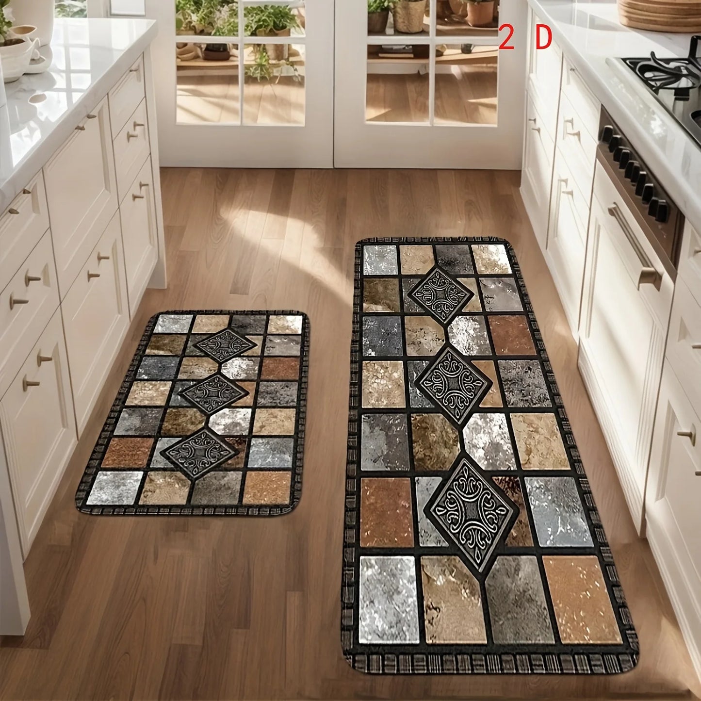 2D 3pcs Kitchen Mat Set, Classic Geometric Stone Mat, Retro Farmhouse