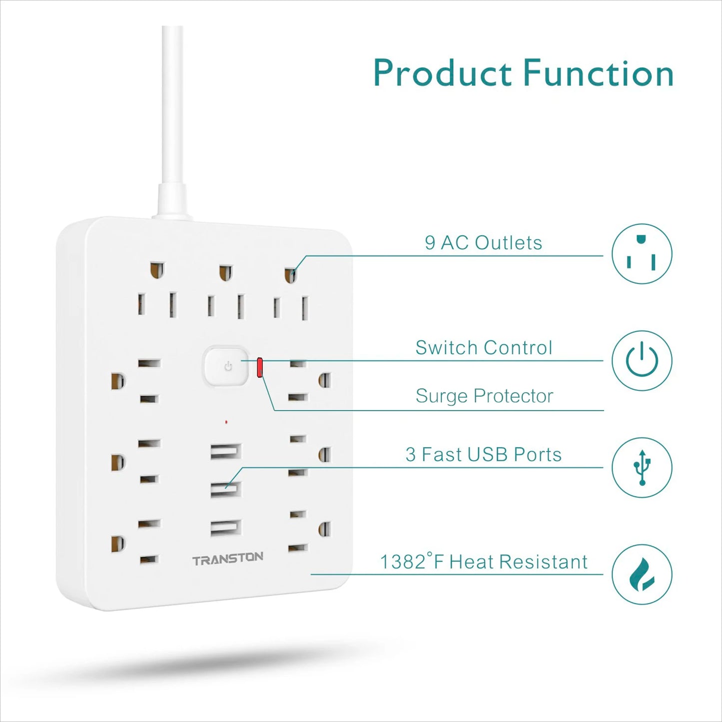 Surge Protector, 9 sockets, 3 USB Ports, 5ft