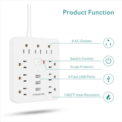 Surge Protector, 9 sockets, 3 USB Ports, 5ft