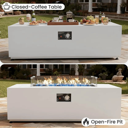 Rectangle 42" Propane Firepit Table w/Tank Holder, Wind Guard, Lid, Glass Stones and Cover