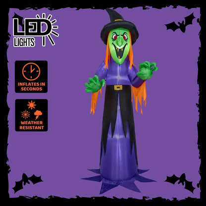 12' Tall Witch Halloween Inflatable Outdoor Decorations with Built-in LED Lights