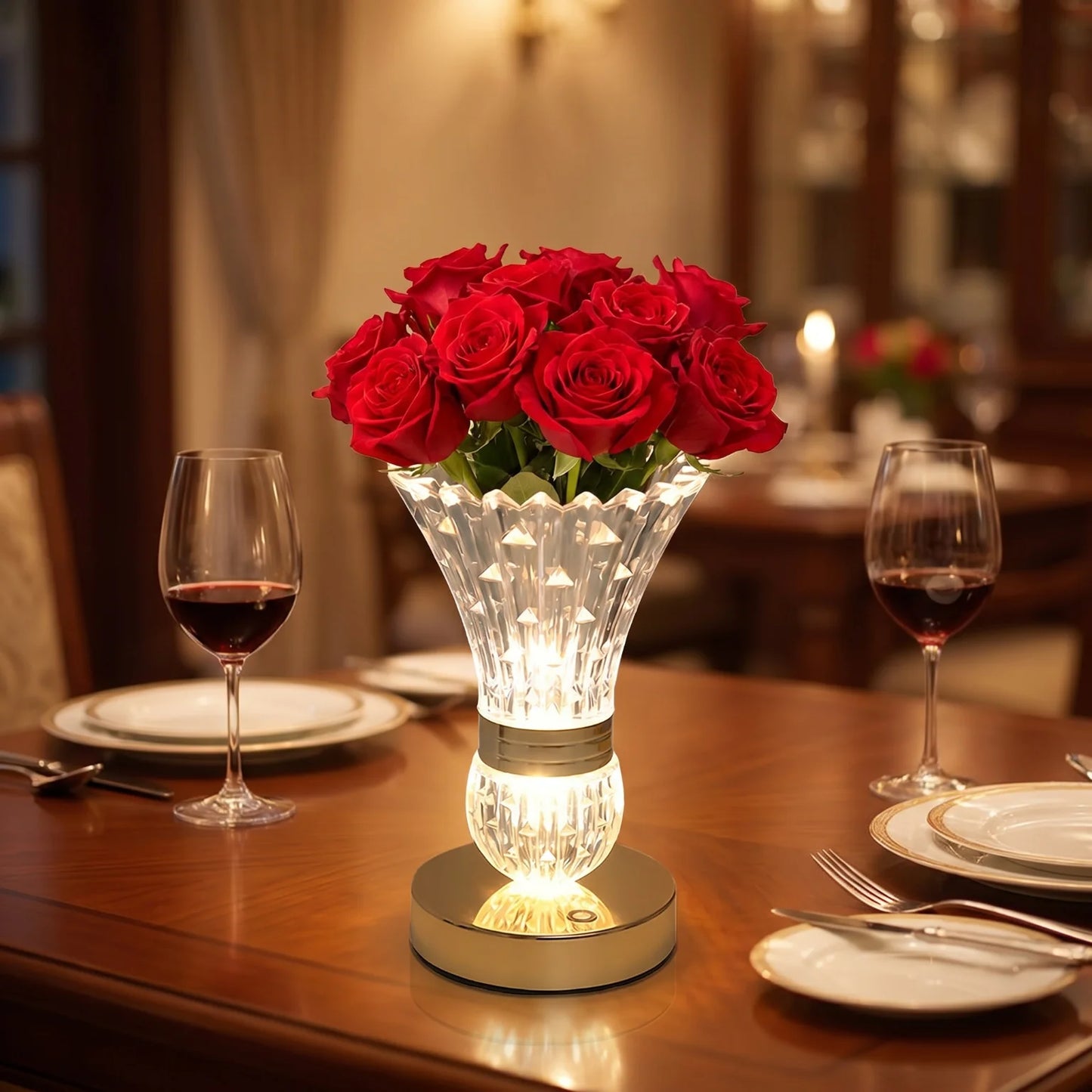 Multi-purpose Crystal Vase LED Table Lamp One Touch Switch, Rechargeable