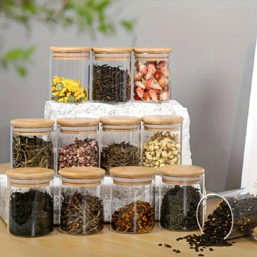 12pc Portable Airtight Glass Storage Jar w/ Bamboo Lid