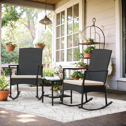 Outdoor High Back Rocking Chair Set w/Glass Table, Beige