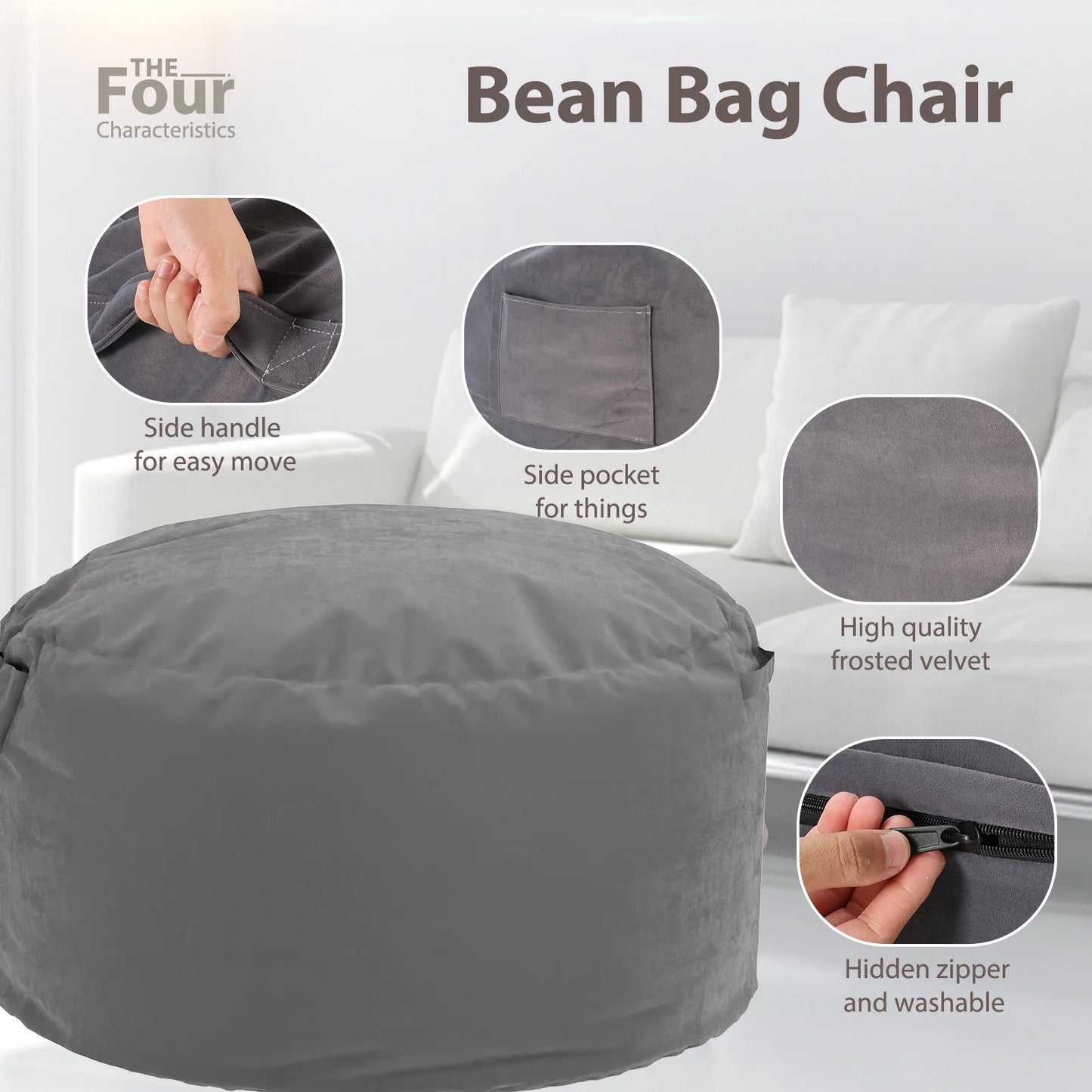 Oversized 3/4FT Bean Bag Chair, Lazy Sofa Foam Filled Couch